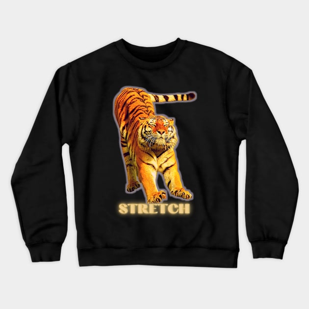 Large tiger doing a stretch exercise - silver gold 1 Crewneck Sweatshirt by Blue Butterfly Designs 